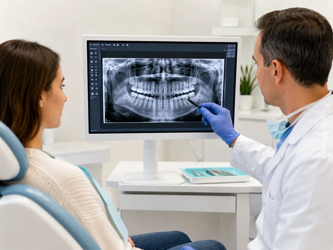 A JSA Dental Care dentist reviewing a patient's low-radiation digital X-ray on screen in McDonough
